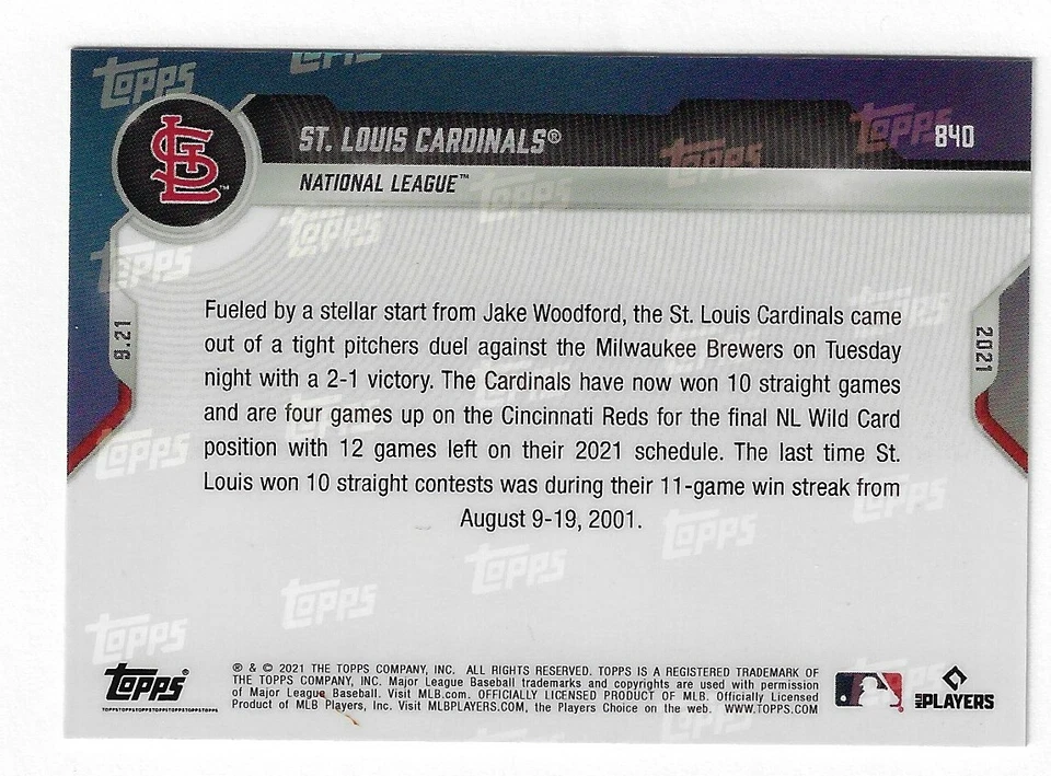 ST. LOUIS CARDINALS 2021 TOPPS NOW BASEBALL 840 10th STRAIGHT VICTORY PR = 476 - Image 2 of 2