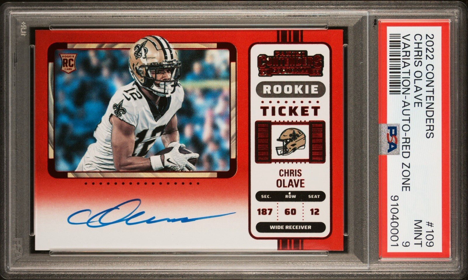 2022 Panini Contenders Chris Olave Red Zone Variation Rookie Ticket Auto PSA 9