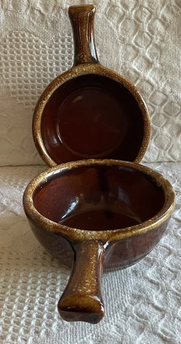 2- Maple Leaf USA Western Monmouth Pottery Brown Drip Bowls With Handles