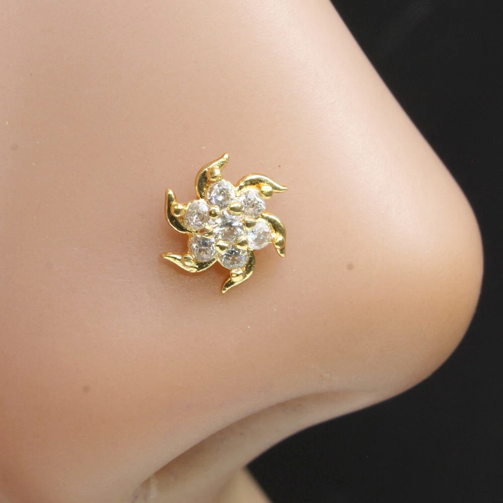 Sunflower Gold Plated Nose Stud White CZ corkscrew piercing nose