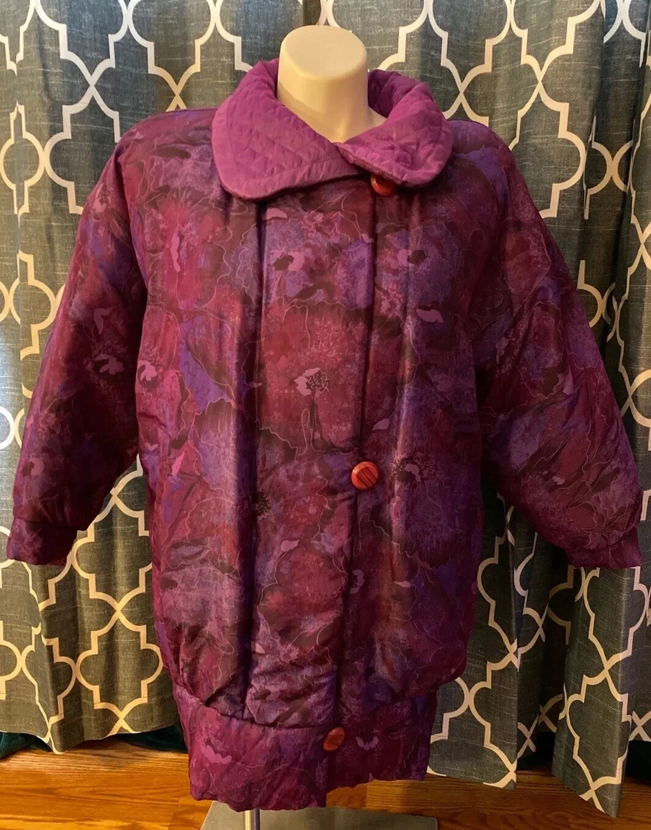 Vintage 80s 90s Purple Floral Gallery Womens Small Down Puffer Oversized  Coat