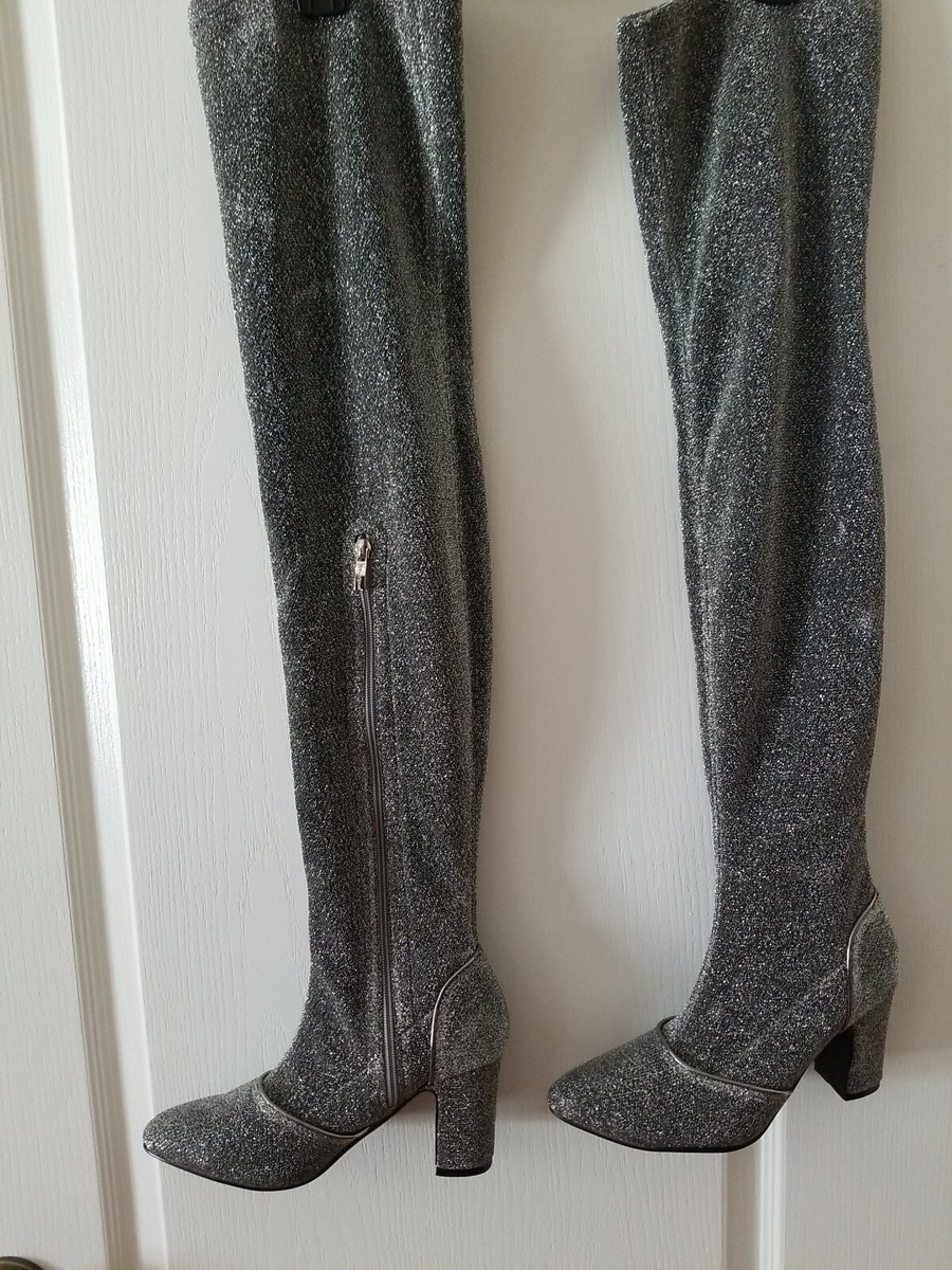 Natural Breeze, Silver lurex stretch Block Heel thigh high boots, Size