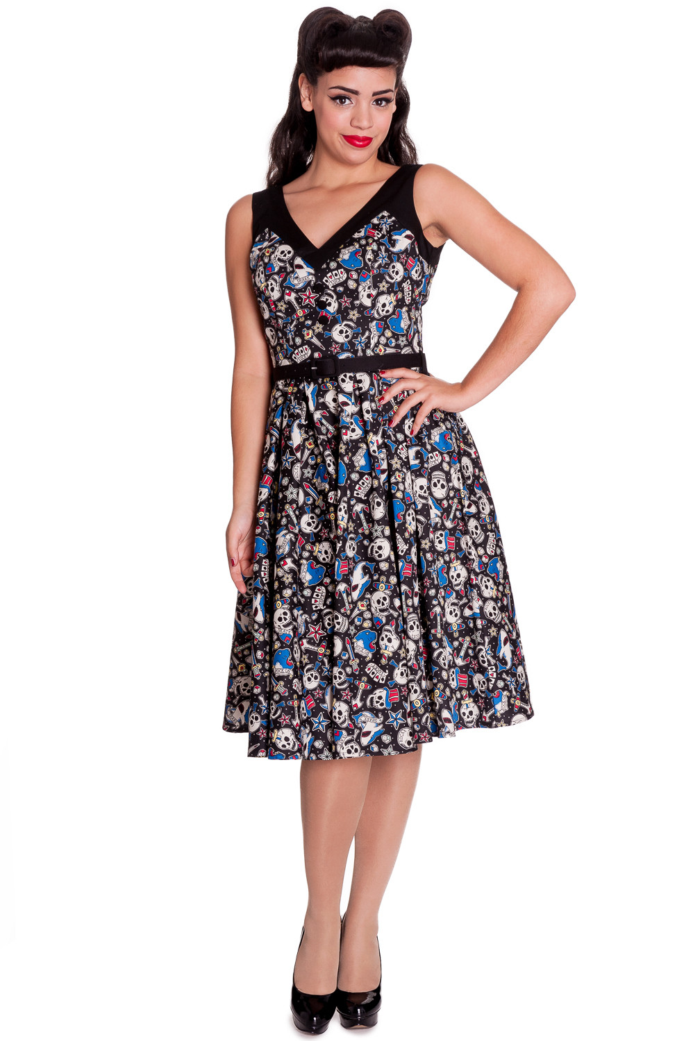 Hell Bunny Dorian Skull Roses 50s Midi Mekko Musta