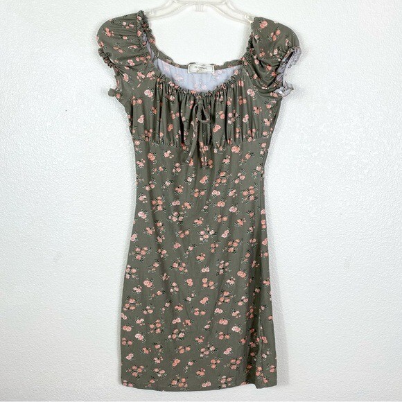 No Comment Green & Pink Floral Milkmaid Puff Sleeve Mini Bodycon Dress Size  S | eBay