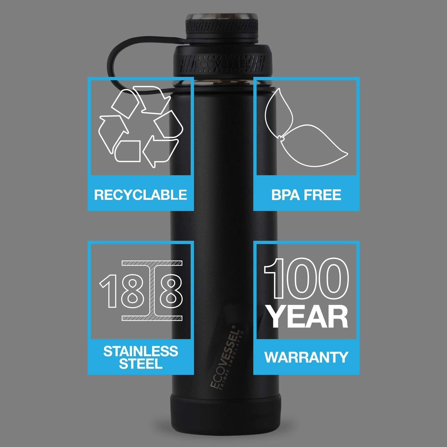 EcoVessel Aqua Breeze Boulder Trimax Insulated Water Bottle & Strainer 24oz
