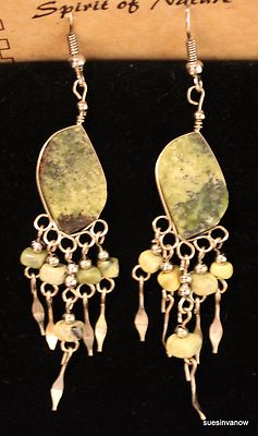Handmade Native American Design Stone Geo Dangle Hook Silver Earrings  3'' (10K )