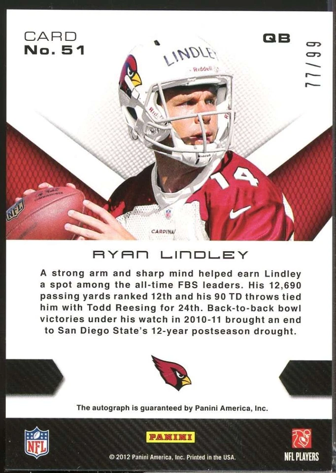 Ryan Lindley /99 Card 2012 Momentum Rookie Salute Autograph #51 - Image 2 of 2