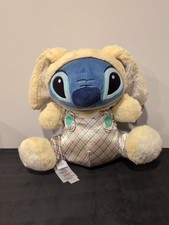 Disney Store Stitch Plush 10" Yellow Easter Bunny Satin Plaid Jumper Stuffed Toy