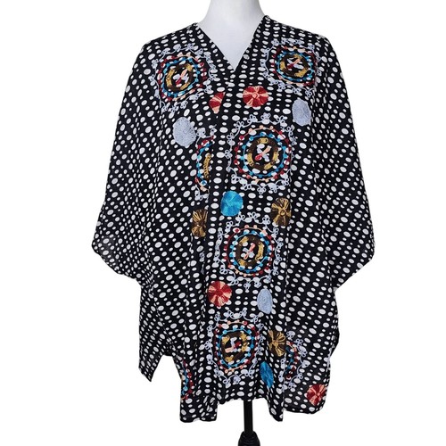 Anu Kimono Poncho Cape Jacket Robe Sz S Embroidered Art to Wear Boho Lagenlook