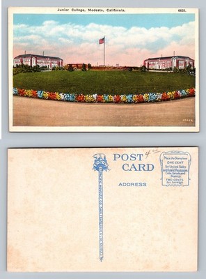 Modesto, CA-California, Junior College Campus Lawn and Flowers Vintage Postcard