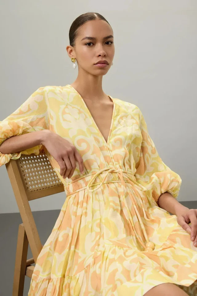 ALEXIS Capri Short Mini Dress Yellow Abstract Print 3/4 Sleeve, Size S, Rt. $598 - Image 4 of 4