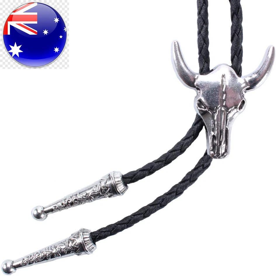 Western Vintage Bolo Tie for Men - Cow Skull Design Cowboy Tie - Black Leather B