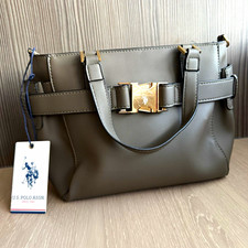 U.S. Polo Assn. Small Army Green Faux Leather Top Handle Bag Detachable Strap.