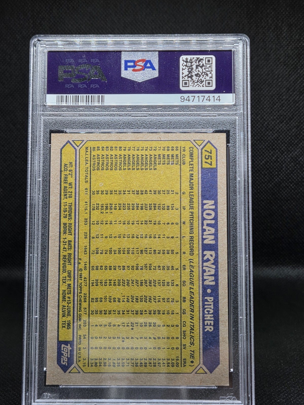 1987 Topps - Nolan Ryan #757 PSA 9 Mint view 2