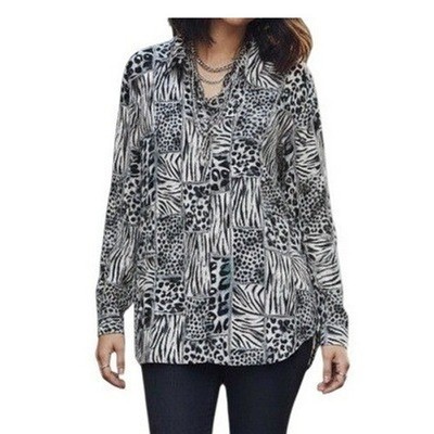 Alfred Dunner Button Up Shirt Womens 22W Animal Print Patchwork Long Sleeve