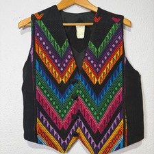 Vintage Rainbow Vest Tapestry Chevron Embroidered Cotton Black M Western Boho