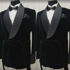 Black Men's Suits Velvet Smoking Jacket Belted Wedding Evening Party Prom 2pcs