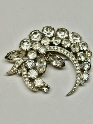 Vintage Eisenberg Ice Brooch 50s Rhinestone Pin Signed Rhodium Plate Moon 2 1/4 