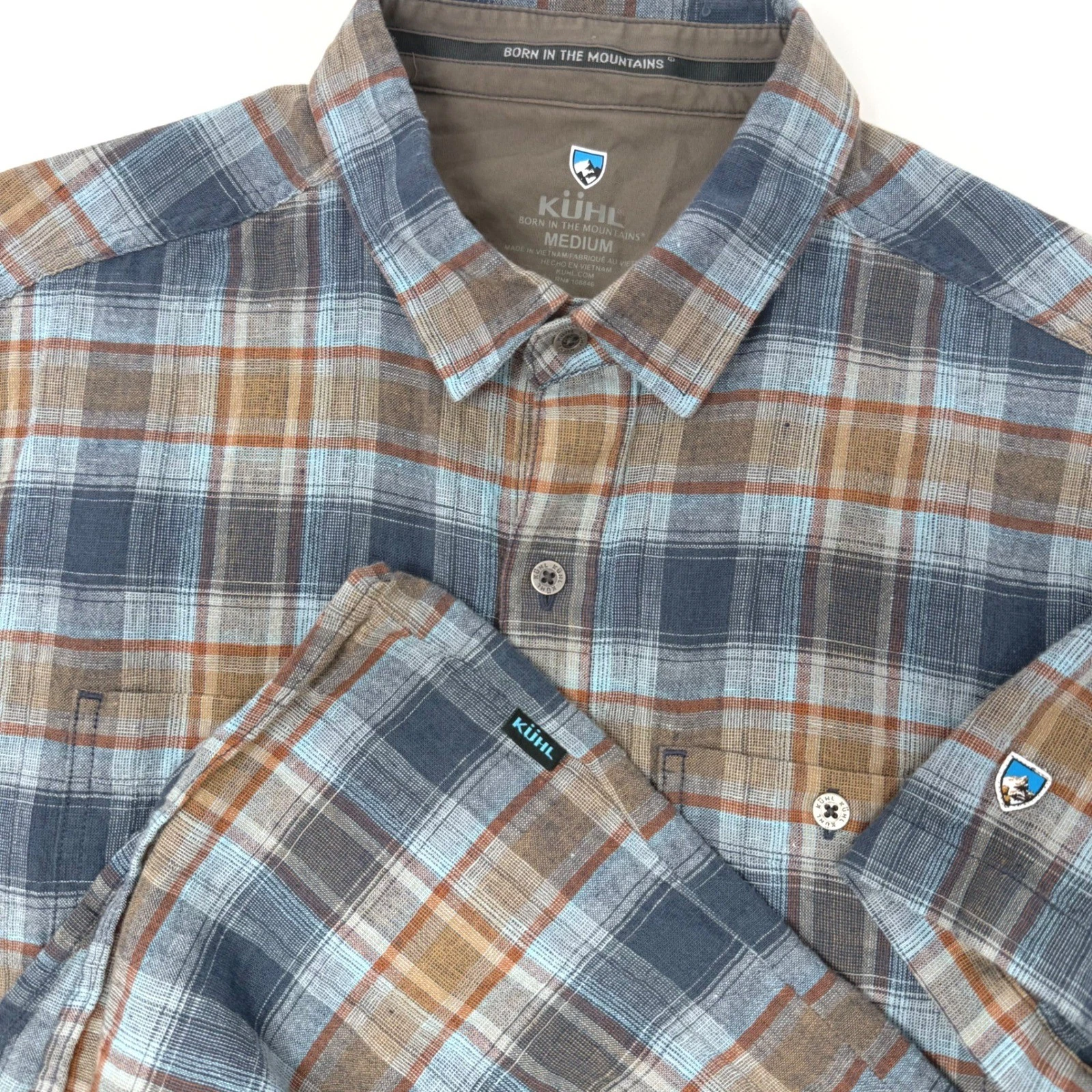 KUHL Skorpio Mens Medium Plaid Linen Cotton Short Sleeve Button Down Shirt