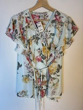 American Rag Top 1X Floral Lace Up Ruffle Flutter Sleeve Tasseled Tie Waist Boho