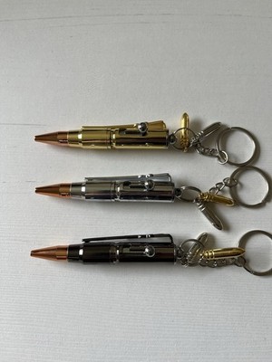3 Stk. Mini Kugelschreiber Gold+Schwarz+Silber - Patronenform mit Repetierhebel
