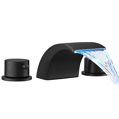 LED Waterfall Bathroom Sink Faucet 3 Hole 2 Handle Vanity Basin Mixer Taps Black