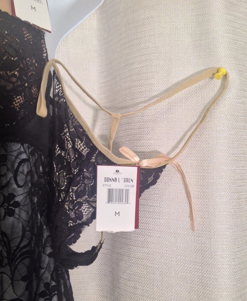 DONNA L'OREN Mujer Talla Mediana SEXY Negro ENCAJE Transparente Juego de Tanga Camisón 2 Piezas  Foto 4 de 4