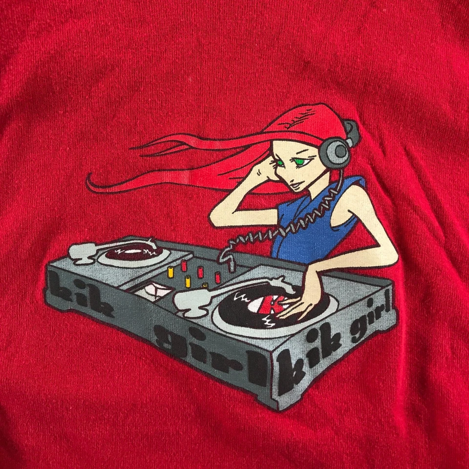 Vintage Kik Girl Hoodie Youth Medium Red Hooded DJ Graphic Print Y2K Skater - Image 4 of 4