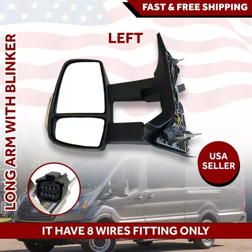 Driver Left Side Long Arm Mirror with Signal Light For Ford Transit 2014-2022