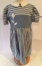 VINTAGE Blue  White Striped Girls Child's Dress w/ Flower Applique MOP Buttons
