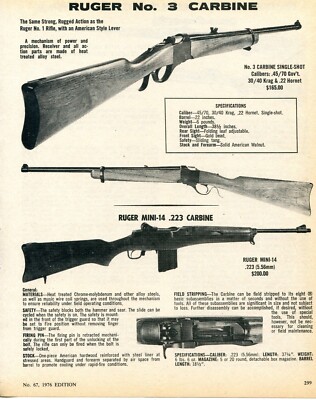 1976 Print Ad of Ruger No 3 & Mini-14 Carbine Rifle