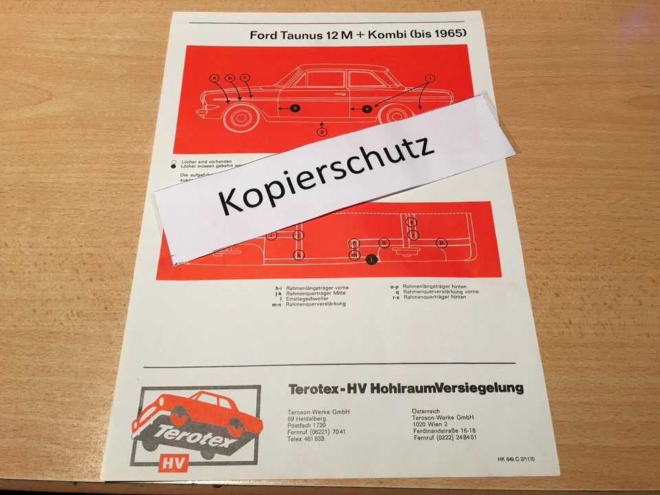 Ford Taunus Typ P 4 12 M + Kombi (bis 1965), Terotex Hohlraumversiegelungsplan - Bild 1 von 1