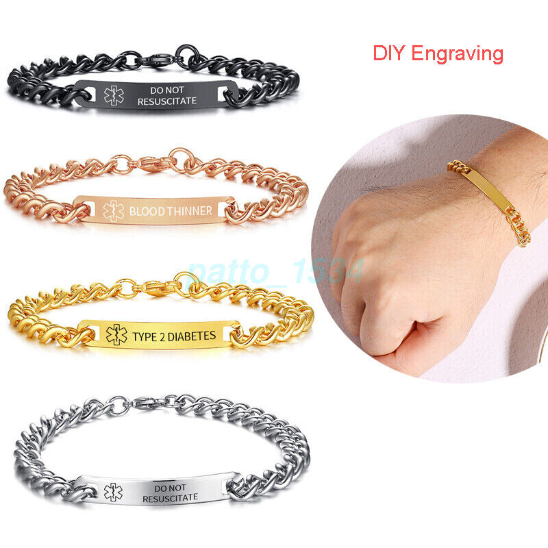 2025 Men Women Medical Alert ID Plate Bracelet Chain Emergency Free Engraving✨