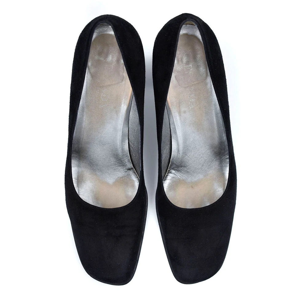 Zapatos de tacón alto Escada $260 negros de gamuza/patente de cuero bloque bajo talla 9,5 M Foto 4 de 4