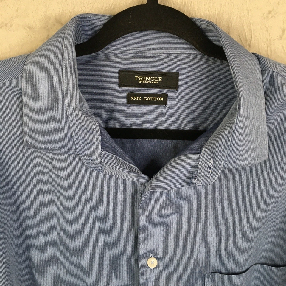 Pringle Of Scotland Shirt Mens Extra Large Blue Pinstriped 100% Cotton Button - Image 3 of 4