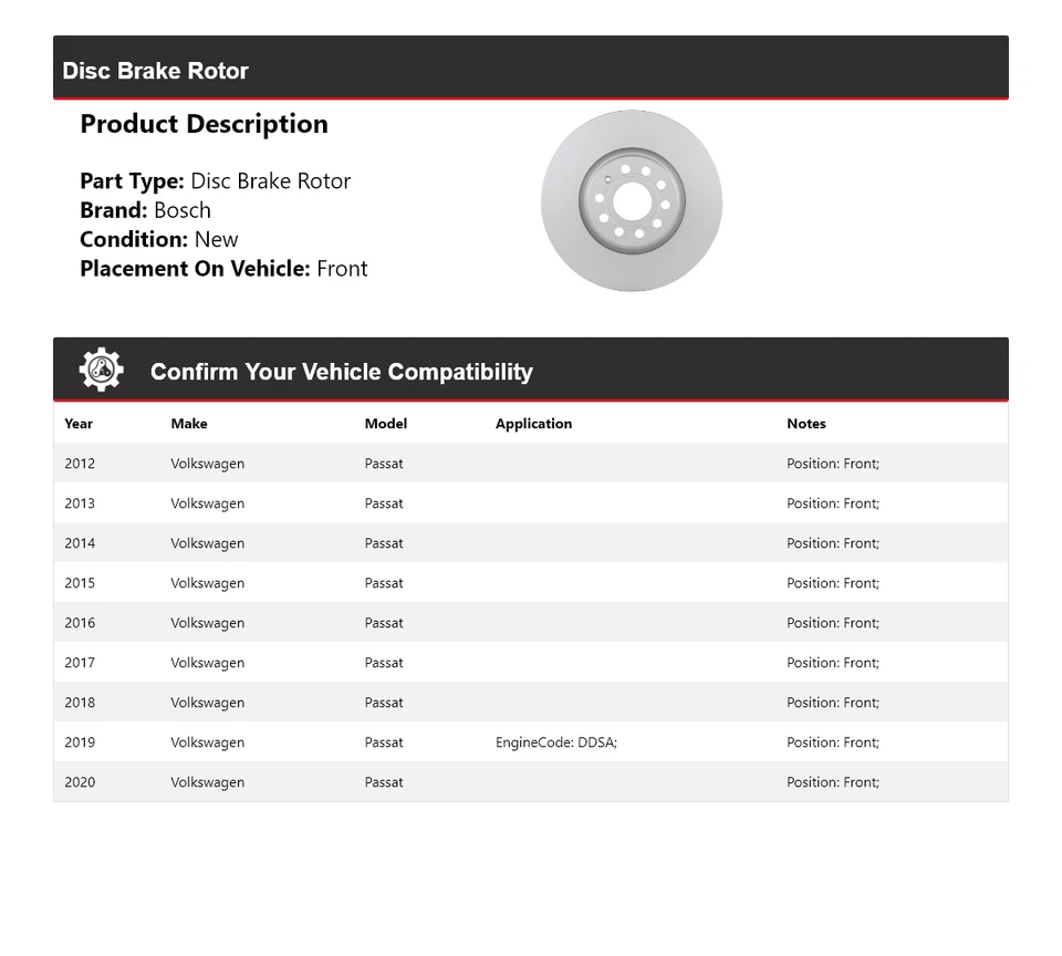 Rotor de freno de disco delantero QuietCast 2013 2014 para Volkswagen Passat Bosch 2012-2020 Foto 2 de 4