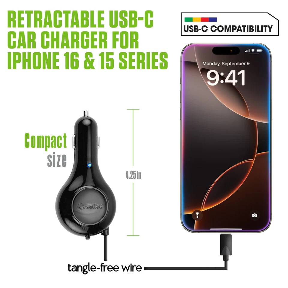 Cellet USB-C Retractable Car Charger 15W Fast Charge for iPhone 15/16 & Samsung - Image 2 of 4