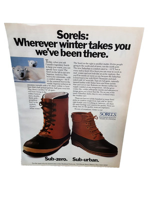 1987 Sorels Boots Print Ad Vintage Winter Sub-Zero Suburban Canada Kaufman