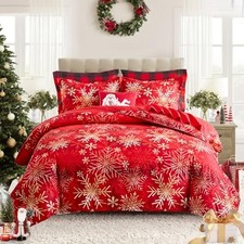 3pcs Christmas Duvet Cover Set Queen, Xmas Golden Queen- 90"x90" Snowflakes