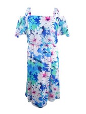Nine West Women's Floral-Print Cold-Shoulder Dress (18, Candy/Ice Blue Multi)