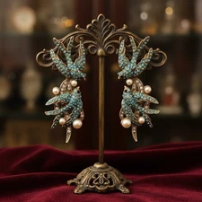 Museum Bird Earrings Antique Pearl Retro VTG Palace Gold Court CZ Boho Love Art