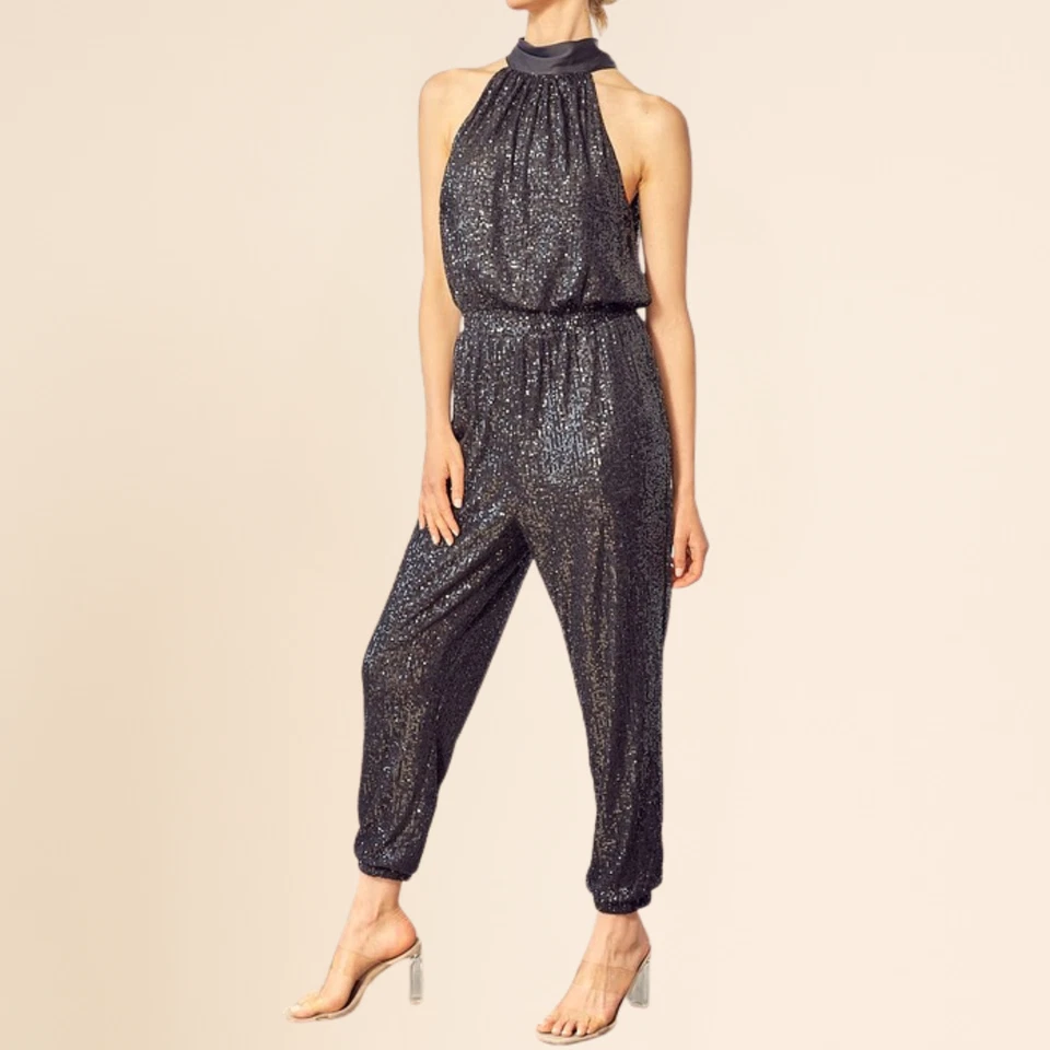 Para Mujer Mono Negro Lentejuelas Cuello Alto Halter Brillante Una Pieza Conjunto de Fiesta Foto 3 de 4