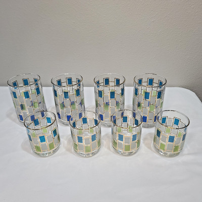 8 VTG. MCM Libby Nordic Glasses Blue Green White 4.5''& 3'' Retro Highball/Lowball