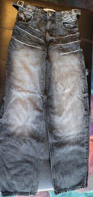 Bershka Carpenter Wide Leg Black Denim Jeans Women's Size 4 Shadow Stain Wash