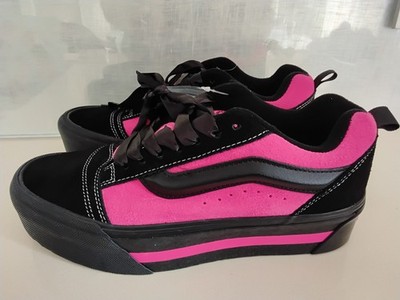 NEW Vans Knu Stack Platform Shoes Womens 9.5 Satin Suede Ribbon Lace Black/Pink