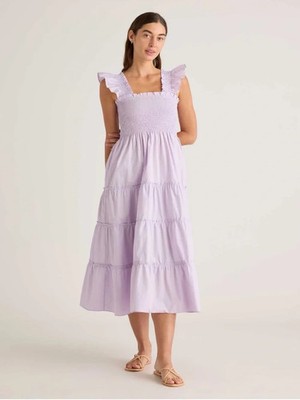 Quince 100% Organic Cotton Poplin Smocked Ruffle Midi Dress Pastel Lilac Size S