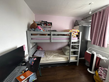 Grey Wooden Bunk Bed Frame with Built-In Ladder, Single Size, Adults