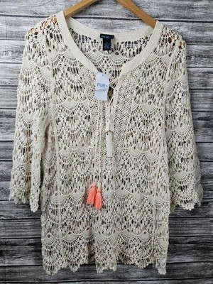 NWT Rue 21 Women's Size 1X Beige Crochet 3/4 Sleeve Tassel Top Boho Cottagecore