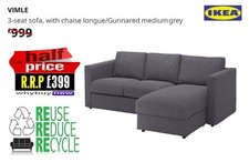 RRP:£999 IKEA VIMLE GREY TWO/THREE SEATER CHAISE LONGUE CORNER FABRIC SOFA (DFS)