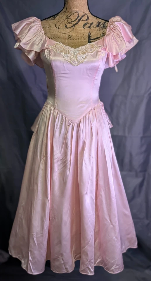 Винтажный Gunne Sax платье 80-х розовый атлас кружева с плеча оборки выпускного вечера вечеринки 7 8 - Изображение 2 из 4